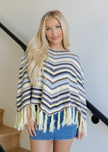 Load image into Gallery viewer, Yellow Chevron Striped Tassel Knit Poncho
