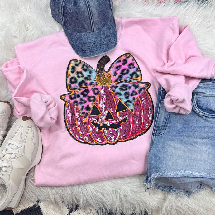 Pink Sequin Pumpkin & Leopard Bow Patch Pink Sweatshirt