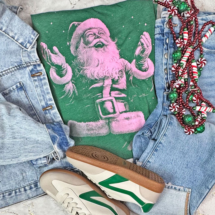 Pink Vintage Santa Heather Grass Green Tee