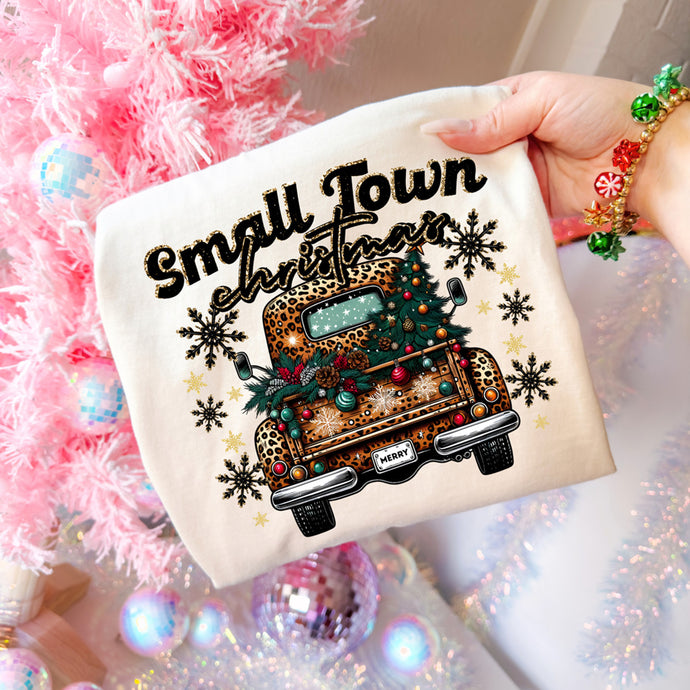 Small Town Leopard Christmas Truck Ivory Tee