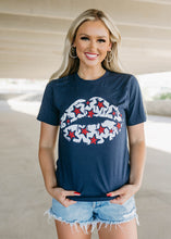 Load image into Gallery viewer, Patriotic Lips &amp; Glitter Stars Graphic Navy Tee
