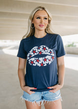 Load image into Gallery viewer, Patriotic Lips &amp; Glitter Stars Graphic Navy Tee
