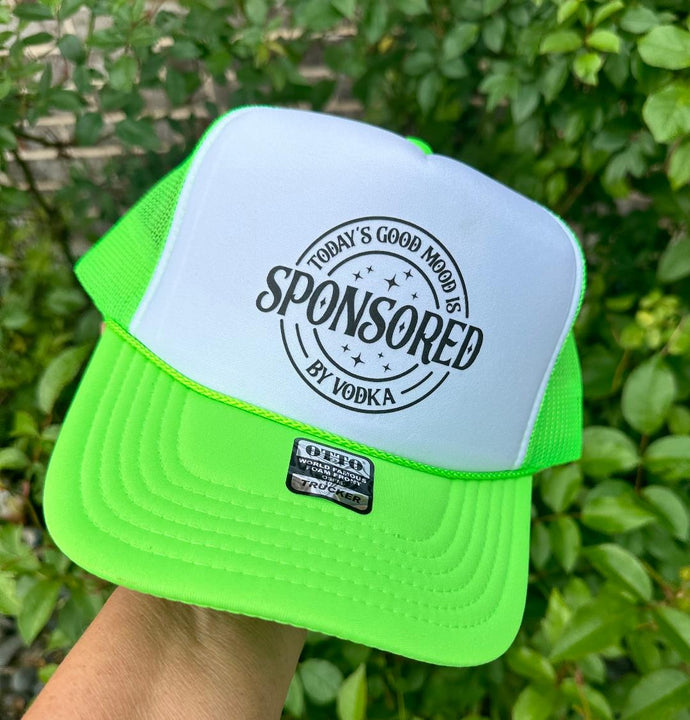 Good Mood Sponsored By Vodka DTF Printed Neon Green & White Trucker Hat
