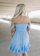 Load image into Gallery viewer, Flirty Floral Baby Blue Smocked Mini Dress
