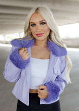 Load image into Gallery viewer, Lavender Faux Leather &amp; Fur Crop Jacket
