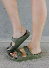 Load image into Gallery viewer, Mia Haven Olive Camo Fur Buckle Slide Sandals
