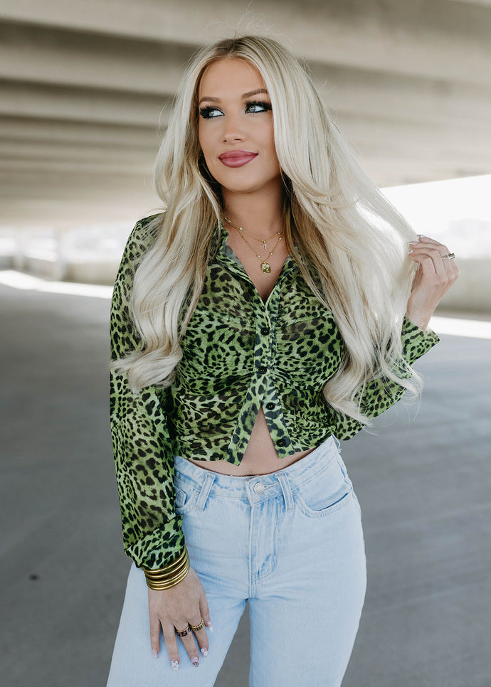 Lime Leopard Sheer Button Top
