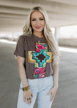 Load image into Gallery viewer, Callie&#39;s Floral Cross Vintage Mocha Tee
