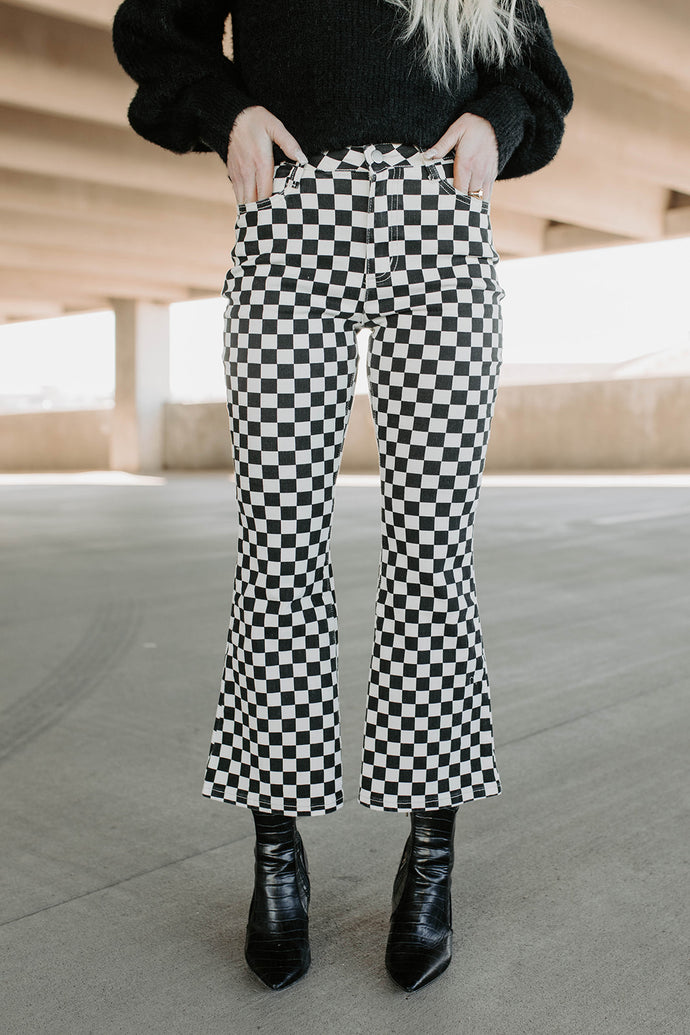 Black & White Checkered Print Flare Pants