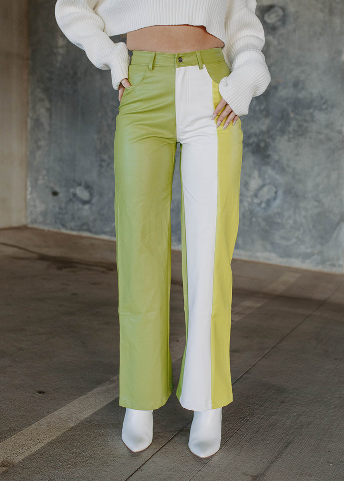 The Icon Colorblock Leather Pants - Green & White