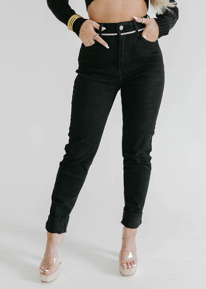 Flashy Rhinestone Black Denim Skinny Jeans