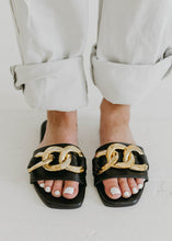 Load image into Gallery viewer, Bebe Black Gold Chain Slide Sandals - vintageleopard
