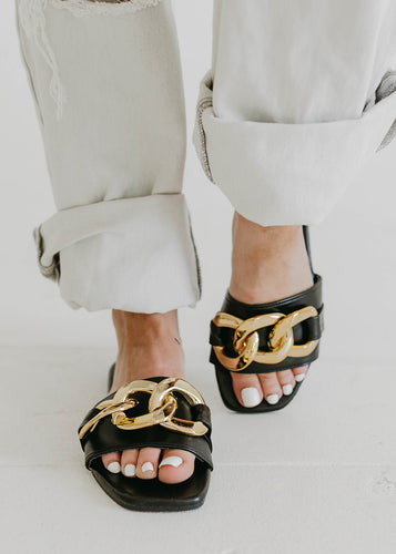 Bebe Black Gold Chain Slide Sandals - vintageleopard