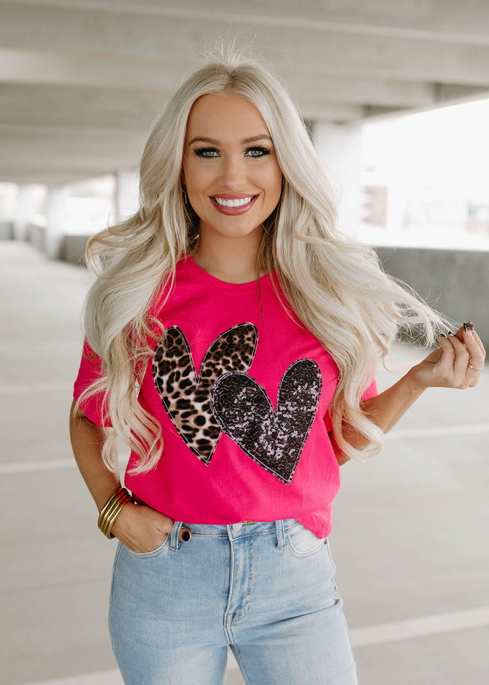 Embroidered Double Heart Leopard & Sequin TEE