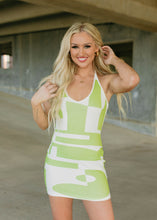 Load image into Gallery viewer, Groovy Green Geometric Halter Dress
