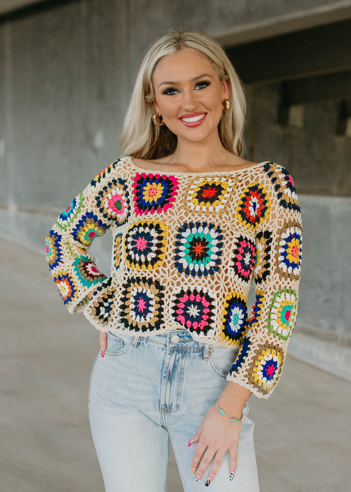 Colorful Crochet Sweater Top - Beige