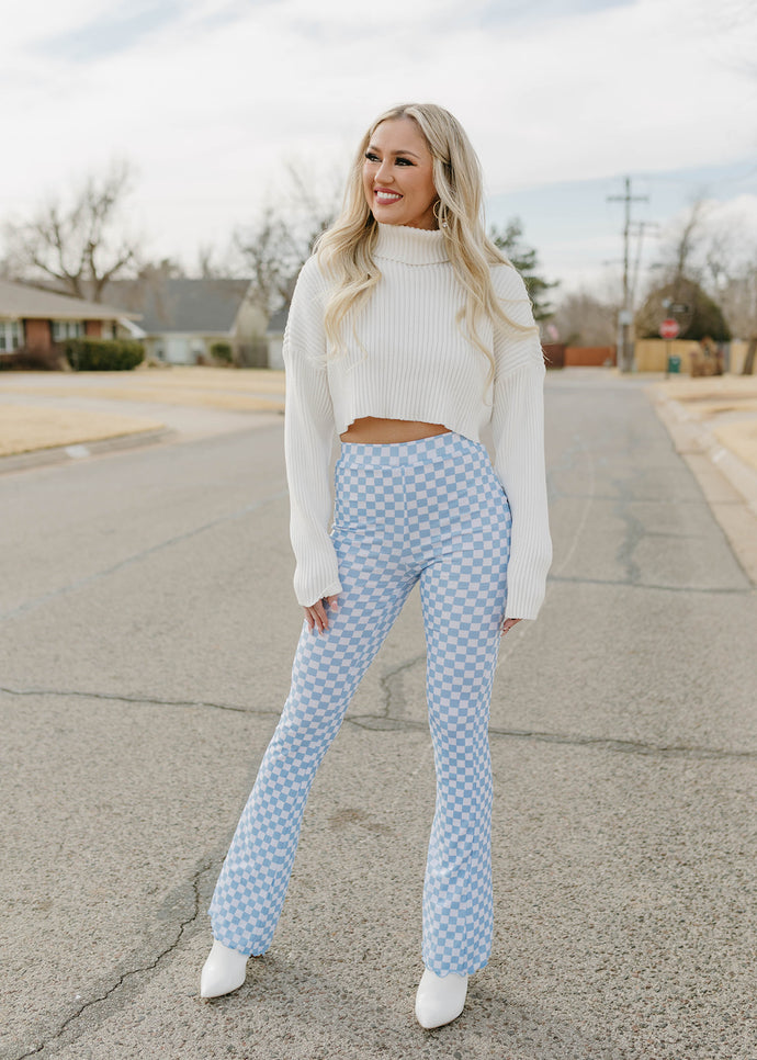 Baby Blue Checkered Flared Knit Pants - vintageleopard