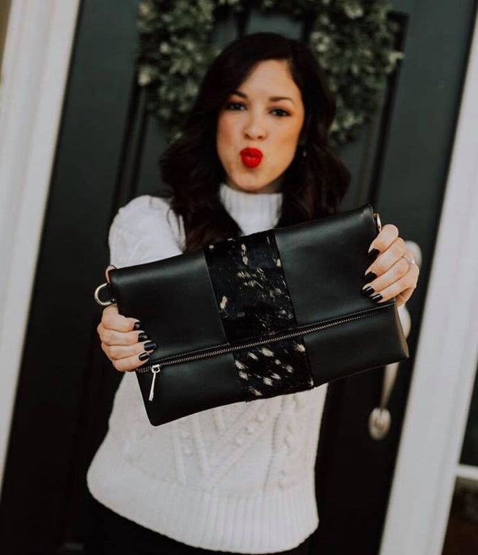 The Alex Black Leather Hair on Hide Gold Chain Clutch