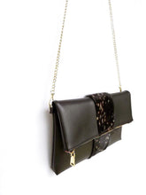 Load image into Gallery viewer, The Alex Black Leather Hair on Hide Gold Chain Clutch
