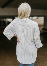 Load image into Gallery viewer, Tan &amp; Blue Boyfriend Striped Button Top
