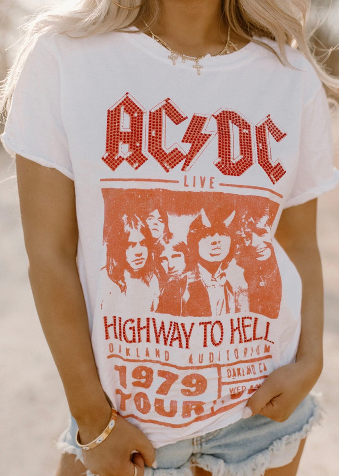 AC/DC Highway To Hell Red Rhinestone Tee - vintageleopard
