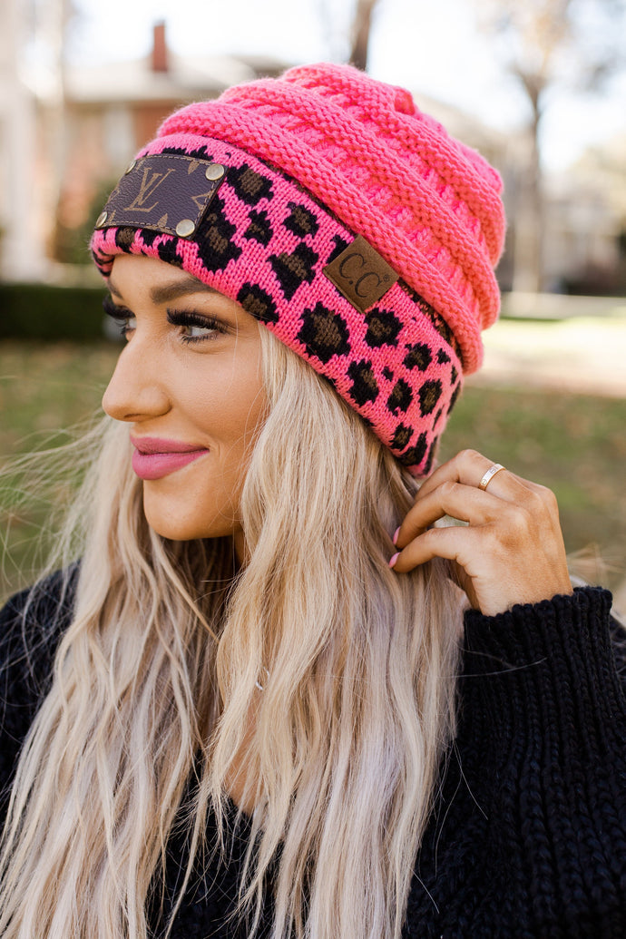 Upcycled Hot Pink Leopard CC Beanie