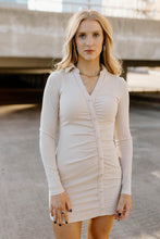 Load image into Gallery viewer, Alina Ruched Button Mini Dress - Beige - vintageleopard
