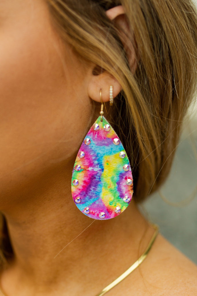 Pink Panache Rainbow Tie Dyed Crystal Leather Earrings