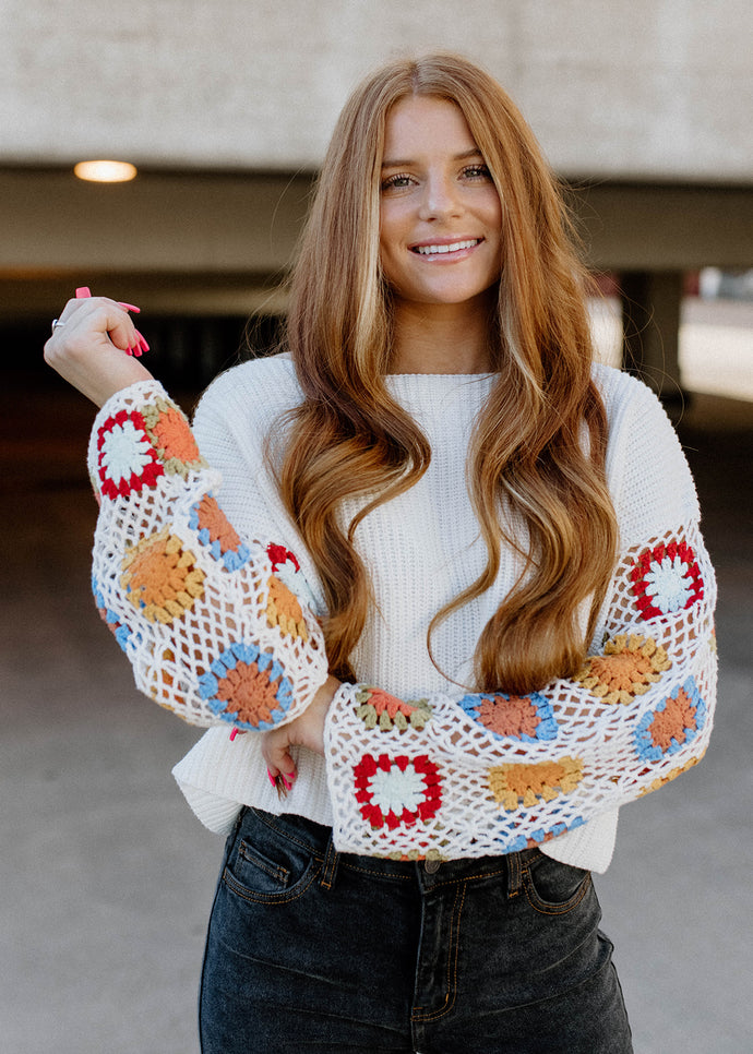 Colorful Crochet Sleeve Sweater - Ivory