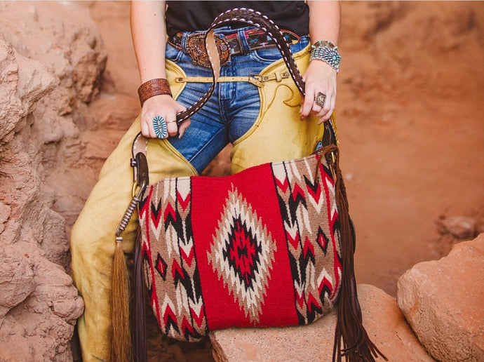 Albuquerque Red Vintage Saddle Blanket & Leather Fringe Handbag - vintageleopard