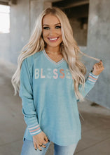 Load image into Gallery viewer, Blessed Embroidered Corded Slate Blue Sweatshirt - vintageleopard
