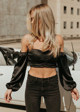 Load image into Gallery viewer, Left On Read Ruched Satin Black Top
