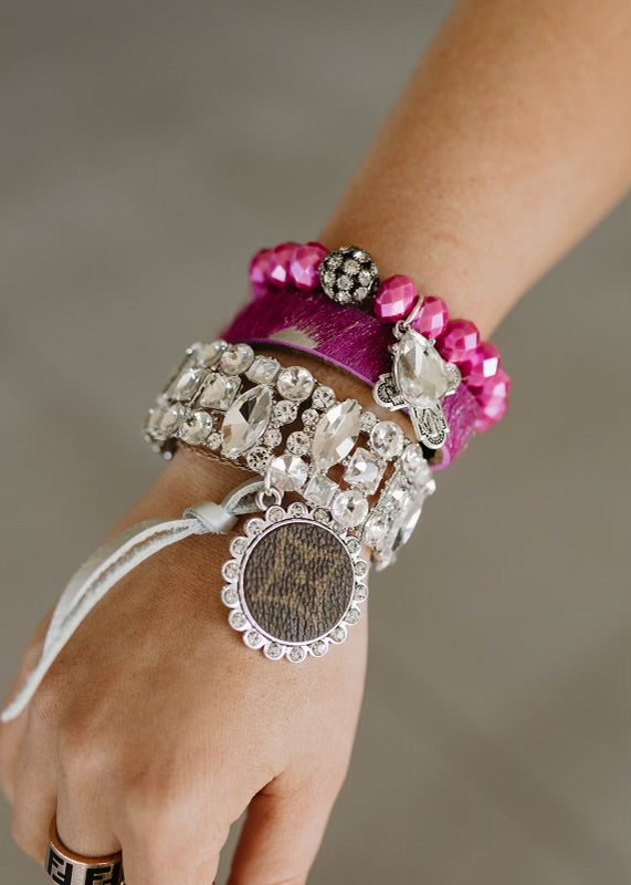 Poppy Pink & Silver Upcycled Bead Bracelet Stack Set