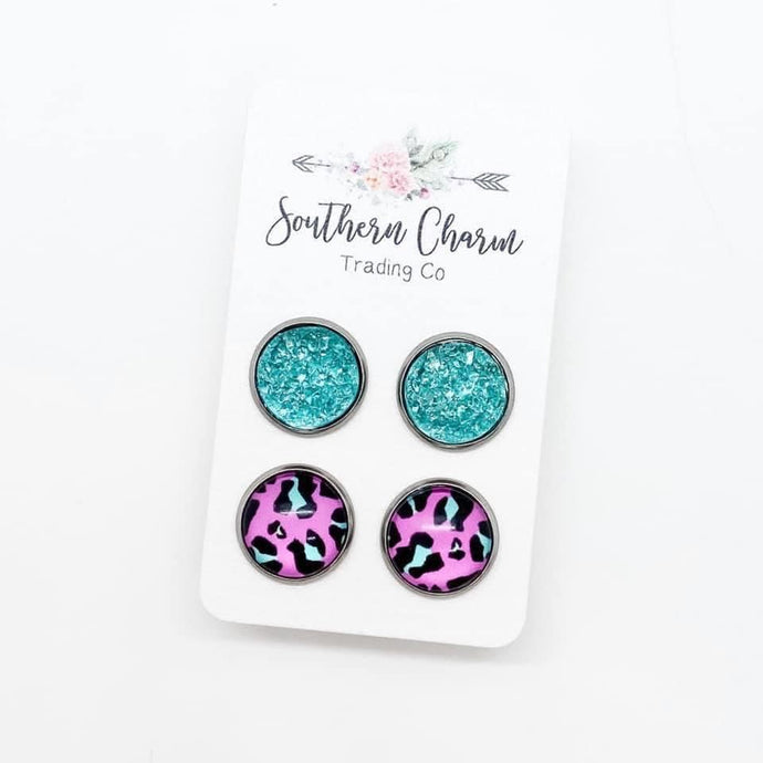 Mint Sparkles & Neon Pink Leopard Earring Stud Set