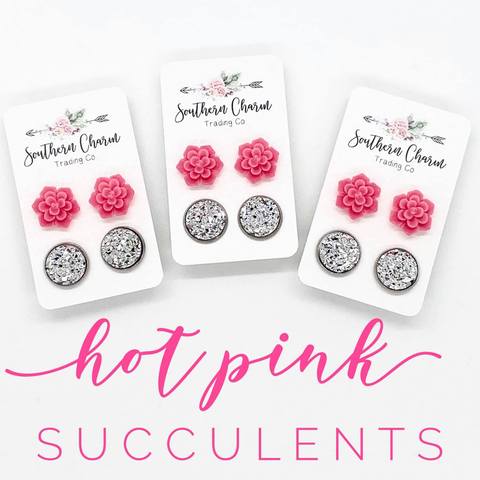Pink Succulent & Silver Druzy Earring Stud Set