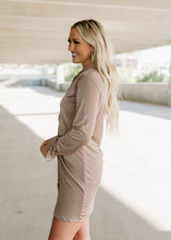 Load image into Gallery viewer, Silky Taupe Shirring Ruched Dress
