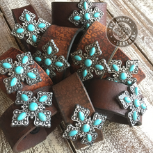 Load image into Gallery viewer, EXCLUSIVE ReLoved Leather Branded Leopard Turquoise Cross Vintage Cuff
